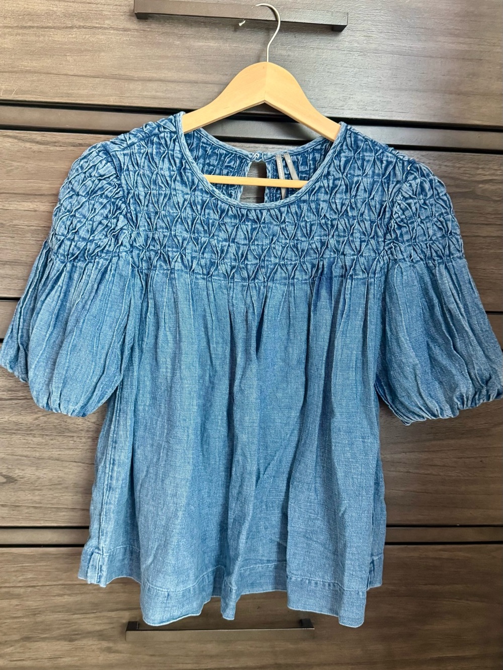 Anthropologie Light Blue Smocked Puff-Sleeve Blouse